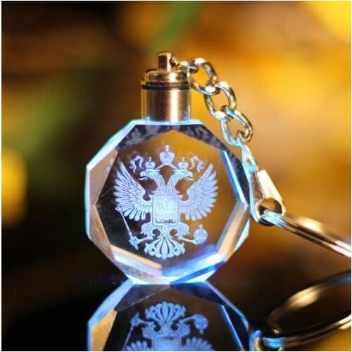 LED Russian Federation Eagle Emblem Laser Engraved Crystal Key Chain Keychain Souvenir Gift Styling Personalized Key Chain