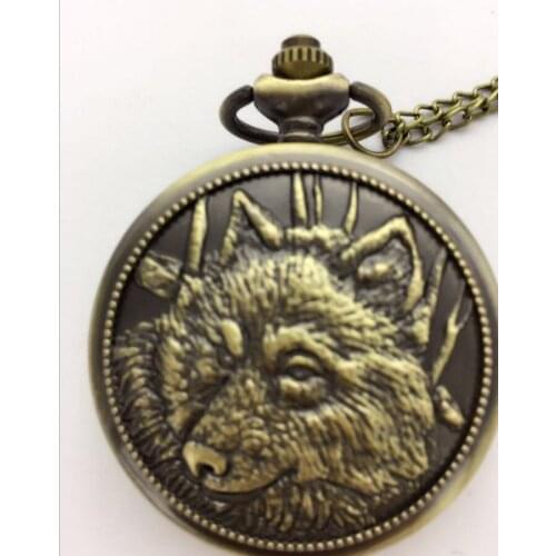 Bronze Steampunk Wolf Pattern Quartz Men Boy Pocket Watch Chain Pendant Watch