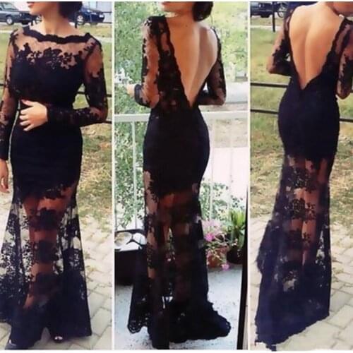 Black Backless Lace Mermaid Party Gowns 2019 Long Sleeves Appliqued Evening Dresses Long Prom Dress vestido longo festa