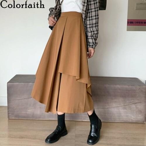Colorfaith New 2021 Womens Skirts Spring Summer A-Line Vintage High Waist Korean Style Irregular Flare Wild Long Skirts SK6116