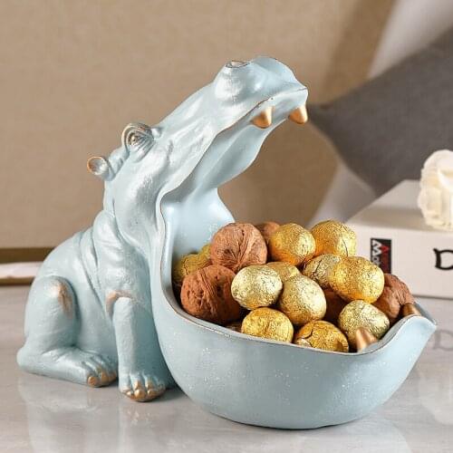 Hippo Resin Sculpture Figurine Big Mouth Key Candy Container Statue Desktop Ornaments Tableware For Home Decorations Accessories