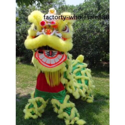 Hot 100% Wool Lion Dance Yellow Mascot Costume Chinese Folk Art for Two Adults Advertising Carnival Halloween Christmas Clothing