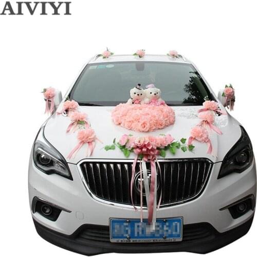 Heart-shaped cute bear wedding car flower artificial flower silk wreath wedding car decoration Christmas 1 piece set