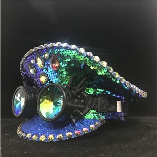 New Fashion Women Green Police Hat With Punk Gear Glasses Performance PunkSteam Military Hat Captain Hat Club Shower Guard Hat