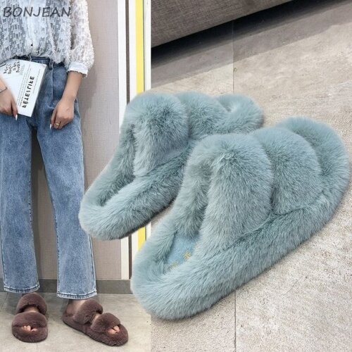 New Women Candy Color Warm Slippers Female Home Flats Flip Flops Indoor Slip On Shoes Warm Comfortable Faux Fur Slippers
