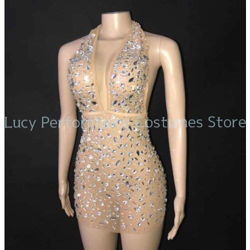 New crystal mirror open back hanging neck y-chest dress womens sexy DS performance singer costume big elastic suit