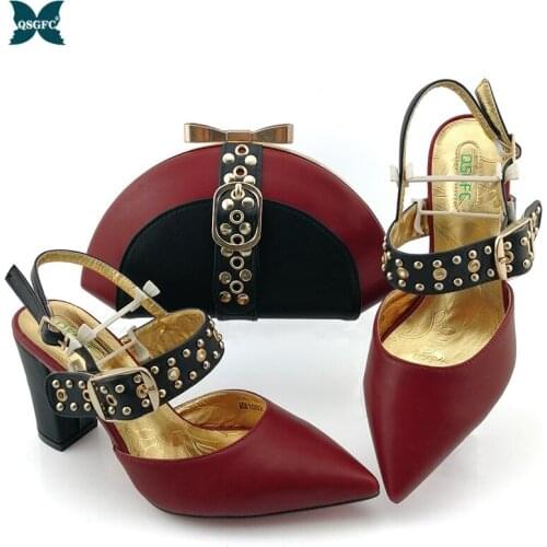 African 2021 Newest Italian Design Nigerian Fashion Classic Style Women Shoes and Bag Set in Wine Color for Party Wedding