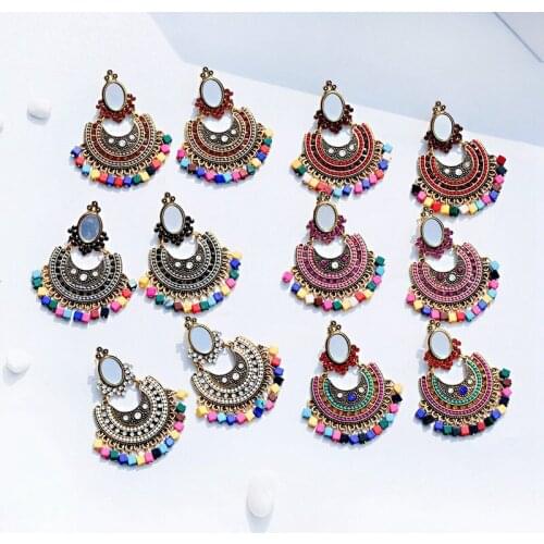 Vintage Colorful Square Beads Tassel Jhumka Earrings For Women Boho Unique Indian African Moon Shaped Ethnic Jewelry Earring
