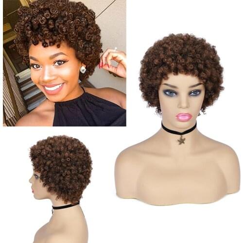 Wignee Short Human Hair Wig With Free Bangs For Black Women Remy Hair Jerry Curl Short Pixie Cut Glueless Cheap Brown Human Wigs