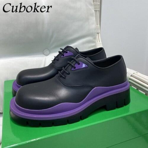 British Style Women Short Boots Lace Up Thick Sole Black And Purple Female Spring Autumn Genuine Leather Brand Runway Boot Women