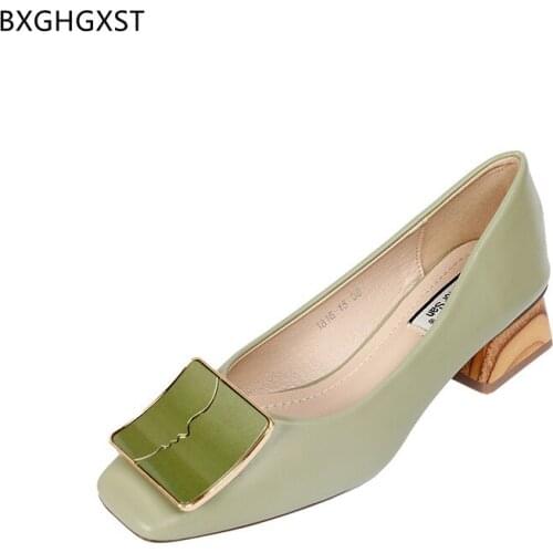 Leather Shoes Women Butterfly-knot Korean Block Heels Shoes Woman Square Toe Heels Slip on Low Heels Shoes for Women 2021 Scarpe