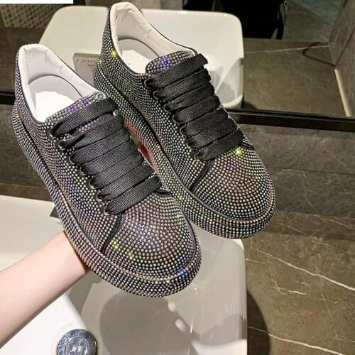 New Crystal Womens Fashion Vulcanize Shoes Lace-up Add Velvet To Keep Warm Lace-Up Platform Winter Sneakers Zapatillas Mujer