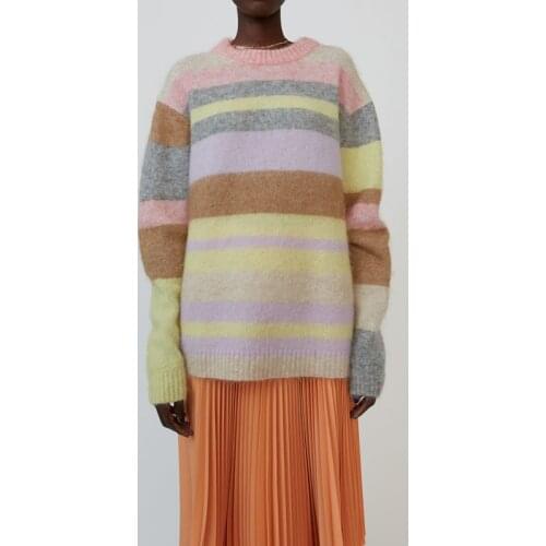 Autumn and Winter Women Knitted Colorful Stripes Sweater Long Sleeve Lady Pullover Top Female Fashion Knitwear