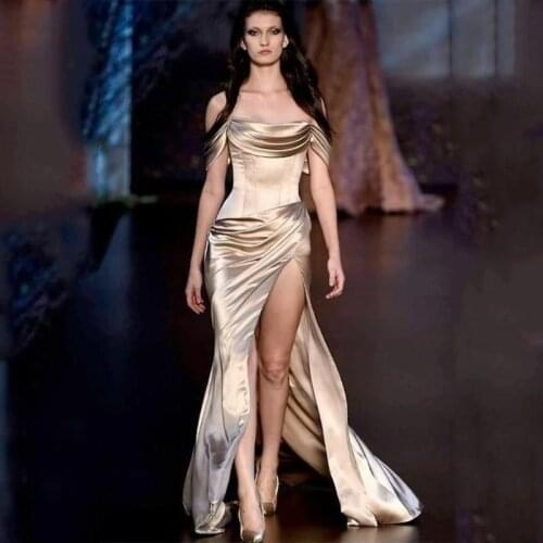 Sevintage Mermaid Pleats Ruched Satin Celebrity Dress Off Shoulder Red Carpet Dresses Strapless High Slit Long Evening Gowns