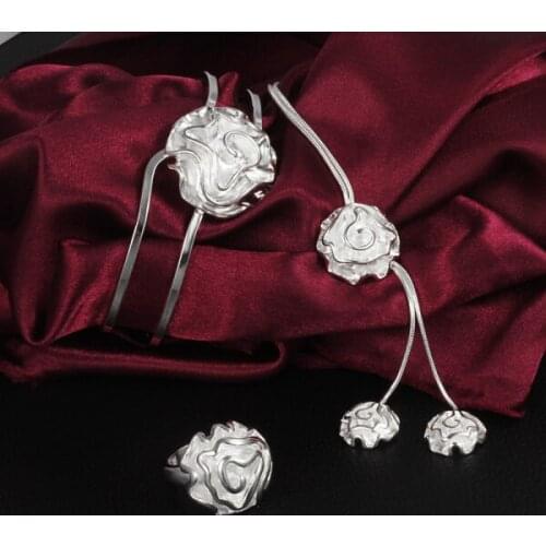 Elegant women 925 sterling Silver rose flower necklaces bangles rings Jewelry set fashion Party wedding lady Christmas gifts