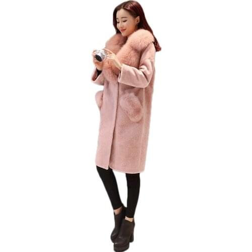 Fur coat female 2019 fashion women big fur collar overcoat temperament powder long fur overcoat thick warm winter women fur coat