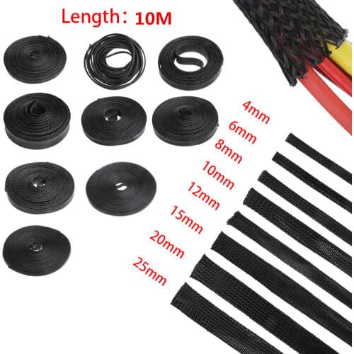 10M Black 4/6/8/10/12/15/20/25mm Insulation Braided Cable Sleeve Tight PET Wire Cables Protection Expandable Cable Sleeve