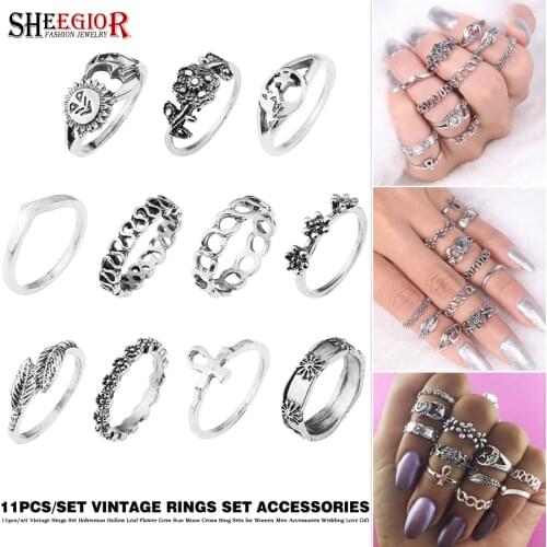 11pcs/set Vintage Rings Set Bohemian Hollow Leaf Flower Gem Sun Moon Cross Ring Sets for Women Men Accessories Wedding Love Gift