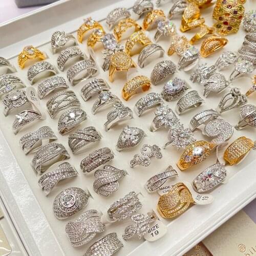 15 Pcs/Lot Luxury Copper Fashion Fancy Big Rings With Cubic Zirconia Mix Styles For Women Or Men