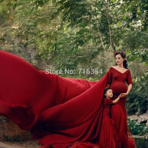 Burgundy Floor Length Chiffon Train Lace Ball Maternity Maxi Dress for Photo Shoot Mother Daughter Matching Dress Maternity Gown
