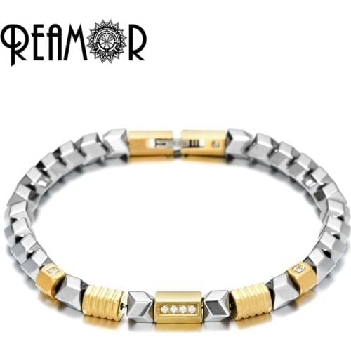 REAMOR Unique Silver Color Hematite Bracelet Freedom DIY Zircon Golden Beads Stainless Steel Link Bracelet Handmade Men Jewelry