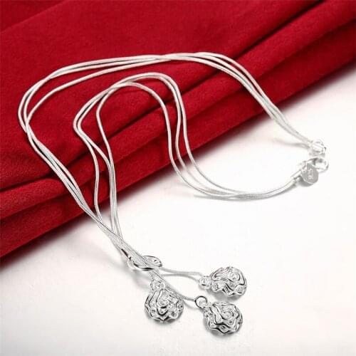 925 Sterling Silver Three Rose Flowers Snake Chain Necklace For Women Charm Wedding Engagement Party Fashion Jewelry