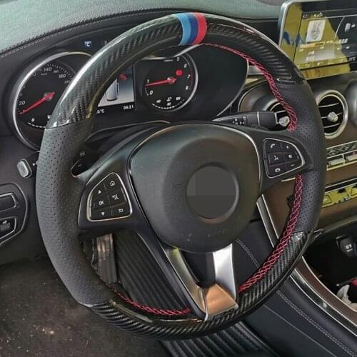 Car Steering Wheel Cover DIY Non-slip Black Genuine Leather Carbon Fiber For Mercedes-Benz W176 A180 A200 B180 B200