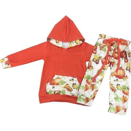 High quality boutique long sleeves pumpkin design fall winter hoodie kid set