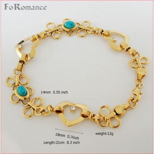 FOROMANCE/ 8.3" LADY YELLOW GOLD GP OVERLAY BLUE STONE HEART FLOWER PART LINK BRACELET BANGLE 14MM WIDE CHAIN