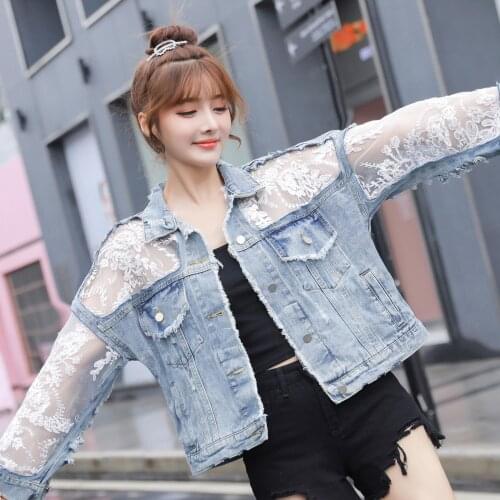 2021 Real Shot Hong Kong Style Worn Washed Denim Jacket Free Shipping Lace Stitching Thin Casual Sun Proof