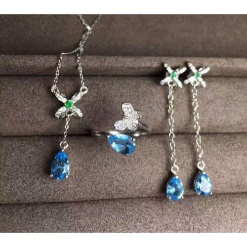 Natural blue topaz gem Ring Pendant eardrop Natural Gemstone Jewelry Set 925 Silver Fashion bow-knot Women Necklace gift Ring