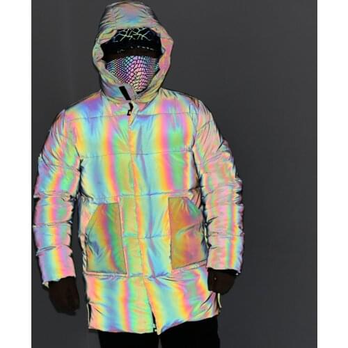 SEVEYFAN Mens Colorful 3M Reflective Long Down Cotton Jacket Fashion Winter Thick Warm Hooded Coat Streetwear Parka for Couple