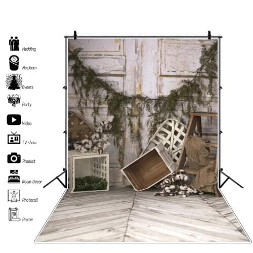 Laeacco Old Rural Wood Door Floor Spring Vine Wreath Gray Box Floor Party Child Scenic Photo Background Photo Backdrop Photocall