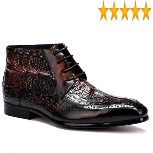 Top Business Men Pointed High Toe Ankle Genuine Leather Work Safety Formal Shoes Male Lace Up Retro Knight Boots Plus Size
