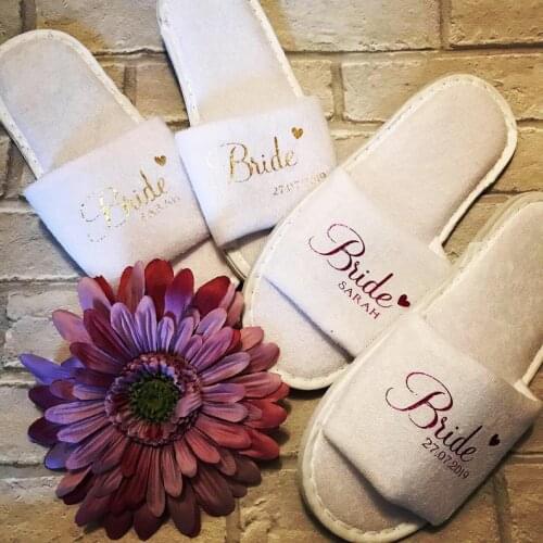 Personalised names date bride Wedding Slippers, Bridesmaid Gift, custom any language maid of honor bridal party slippers