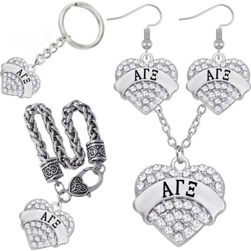 Transparent rhinestone inlaid heart ALPHA GAMMA XI metal pendant jewelry set fit university Greek society sorority gift souvenir