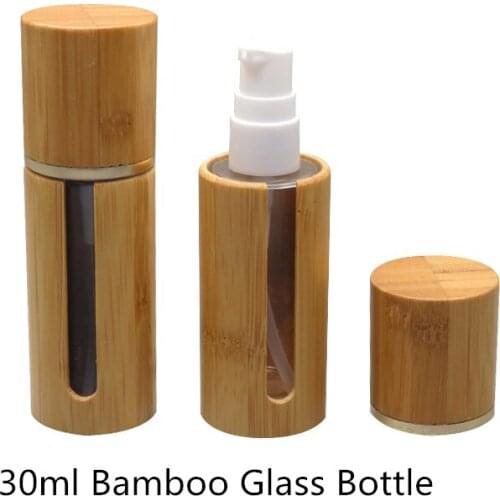10pcs 30ml Top Grade Glass Bottle Empty Bamboo Lotion Pump Bottle Glass Bottle Bamboo Case Bamboo Glass Lotion Pump Bottle