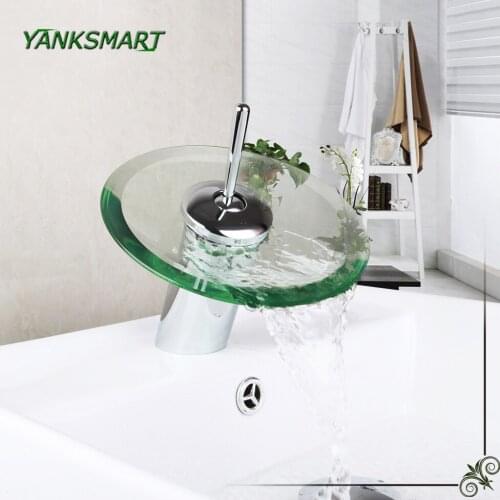 YANKSMART Luxury Glass Waterfall Spout Bathroom Basin Sink Faucet Chrome Polished Single Lever Deck Mount Round Mixer Water Tap