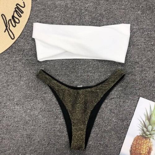 Sexy Micro Bikini 2020 Women Off Shoulder Sequin Thong Swimsuit Strapless Bandeau Bathing Suit Push Up Padded Swimwear Biquini