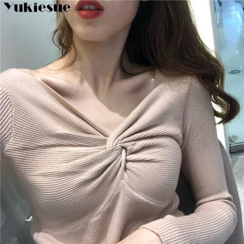 Sexy V Neck Lace Up Knitted Sweaters Women Autumn Ribbed Long Sleeve Solid Navel Bare Crop Tops Autumn Knitwear Jumper Tops