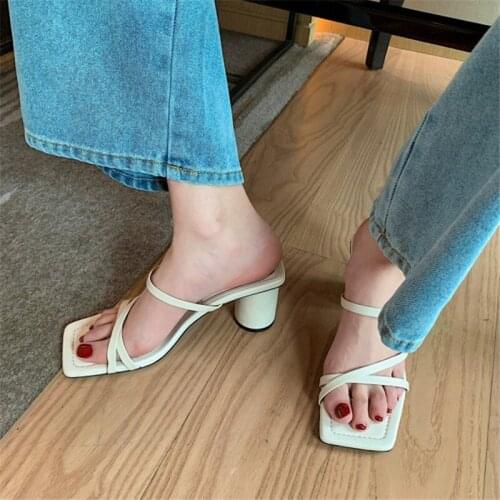 PXELENA Narrow Band Chic Round High Heels Slides Women Genuine Leather Modern Slippers 2021 Summer Outdoor Date Party Shoes 40