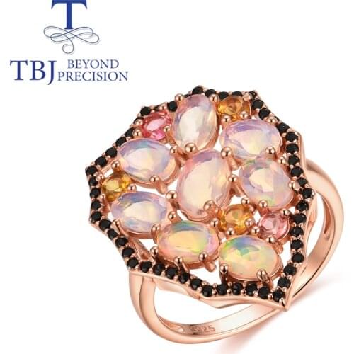 TBJ 100% Natural Ethiopia Opal Ring real tourmaline gemstone fine jewelry 925 sterling silver nice gift for women wife mom gift