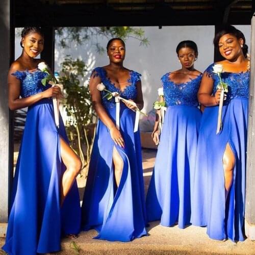 High Slit Royal Blue Lace Bridemaid Dresses Long 2021 Chiffon Sheer Neck Applique Prom Party Gown Sleeveless Wedding Guest Dress