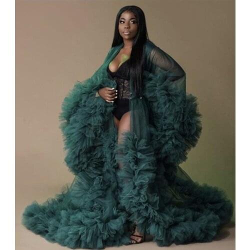 Green Photography Dress See Thru Prom Dresses With Puff Full Sleeves Prom Gowns Ruffles Tiered Pregnant Woman Long Robe Fashion