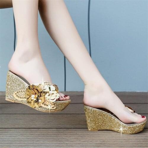 2021 Summer New Wedges Sandals Women Sexy Crystal Transparent High Heels PVC Slippers String Bead Slippers Fashion Shoes