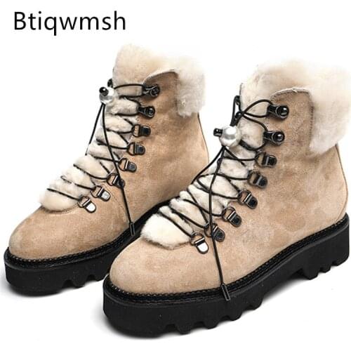 Pearl Snow Boots Women Round Toe Black Beige Real Suede High Heel Botas De Mujer Wool Fur Ankle Boots