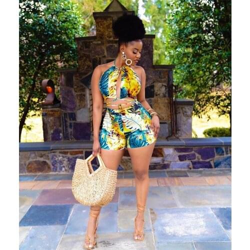 Ladies Jumpsuit Casual Summer Sexy Suspender Backless Sleeveless Shorts Printed Tropical WomenS Swimsuit