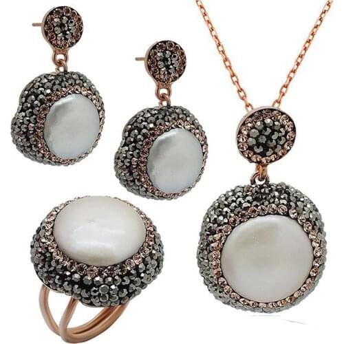 White Pearl Natural Stone Silver Women Triple Set Adjustable Size Midyat Silver