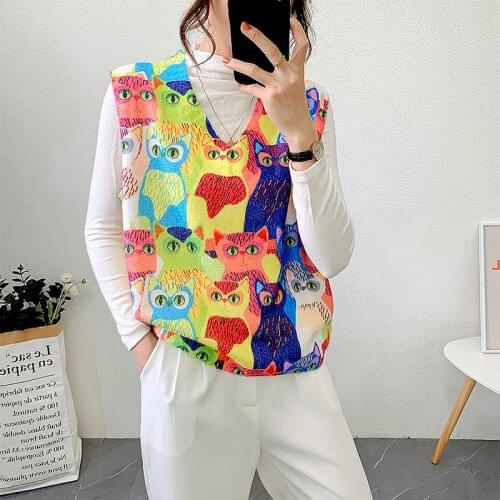 Young Ladies Preppy Style Knitted Womens Vest Cartoon Pattern Loose Casual Clothes Korean Fashion Oversize Sweater Vest SL183