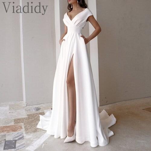 Off Shoulder V-Neck Irregular Maxi Dress Women Solid Color Slim Waist Side Slit Design Short Sleeve Party Dresses